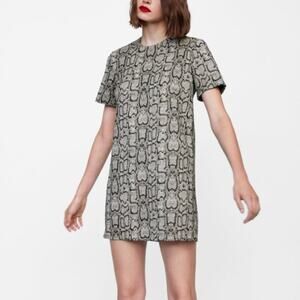 Zara Snakeskin Print Jacquard Dress Boxy Mini Short Sleeve Tan Brown L EUC